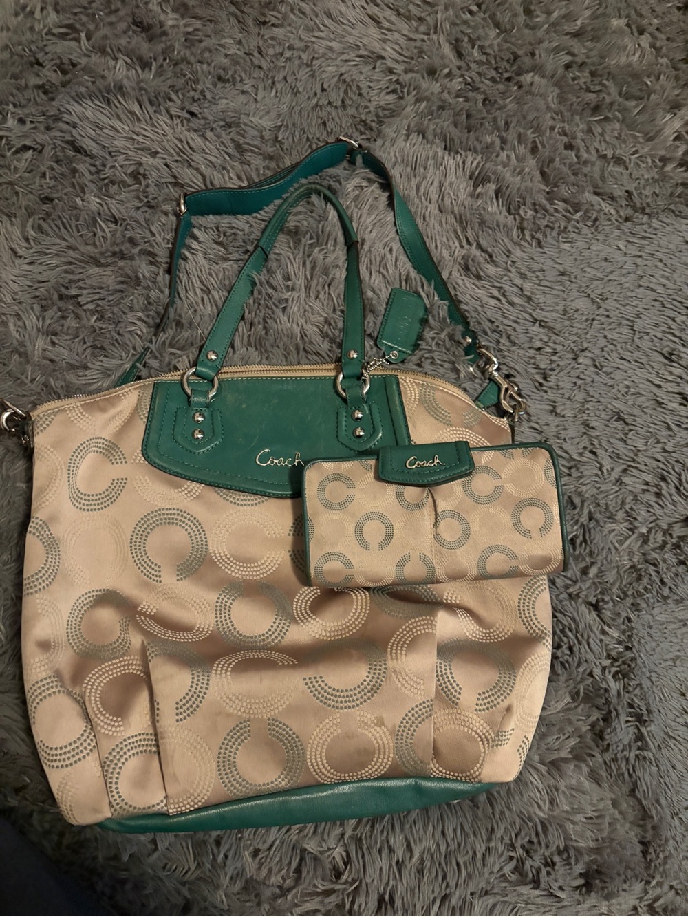 Coach Beige Signature Tote with Teal Leather Trim and Wallet